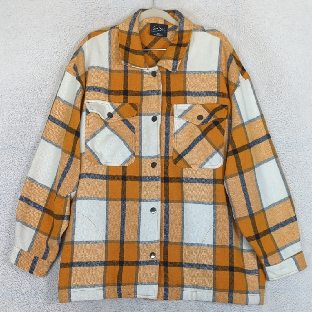 HFX Women's Gold & White Plaid Oversized Shacket Size L‎